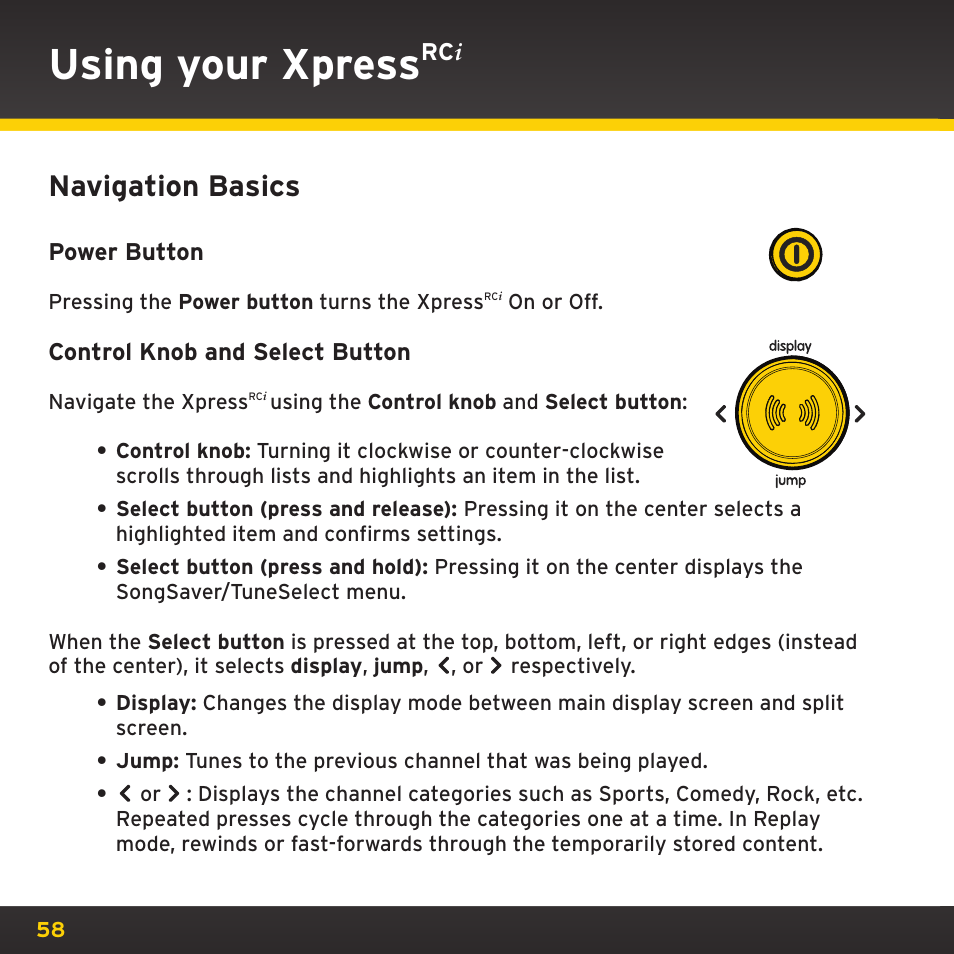 Using your xpress, Navigation basics | SIRIUS XDRC2UG User Manual | Page 58 / 124