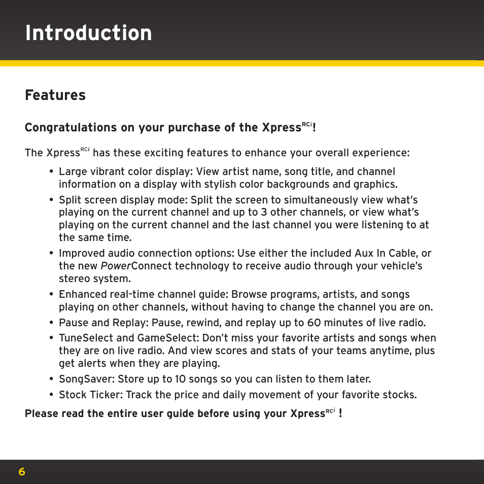 Introduction, Features | SIRIUS XDRC2UG User Manual | Page 6 / 124