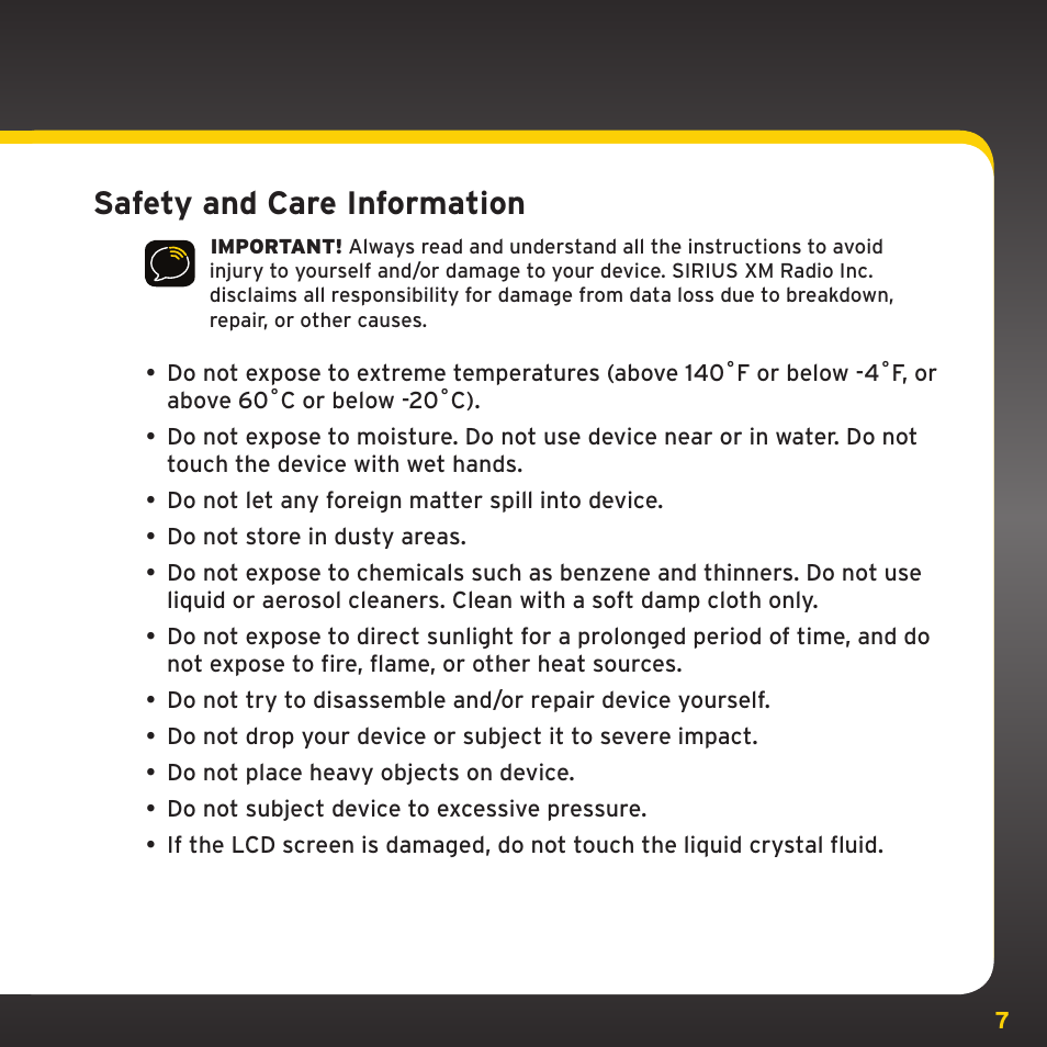 Safety and care information | SIRIUS XDRC2UG User Manual | Page 7 / 124