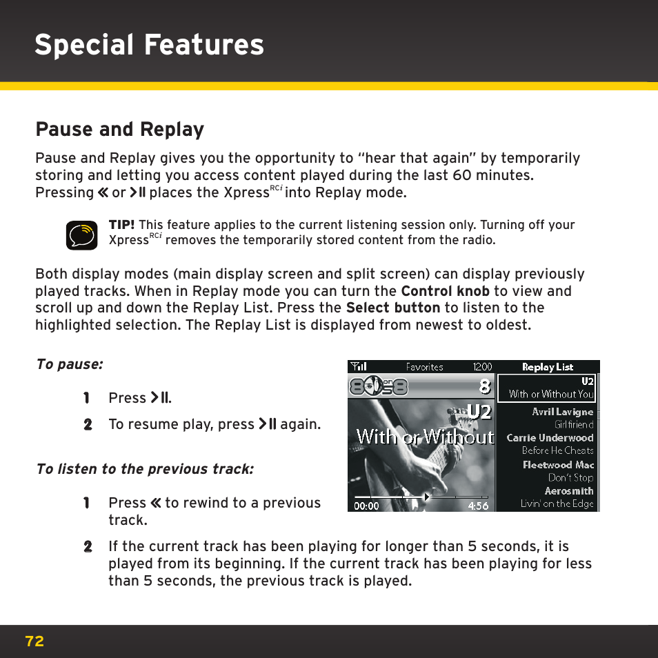 Special features, Pause and replay | SIRIUS XDRC2UG User Manual | Page 72 / 124