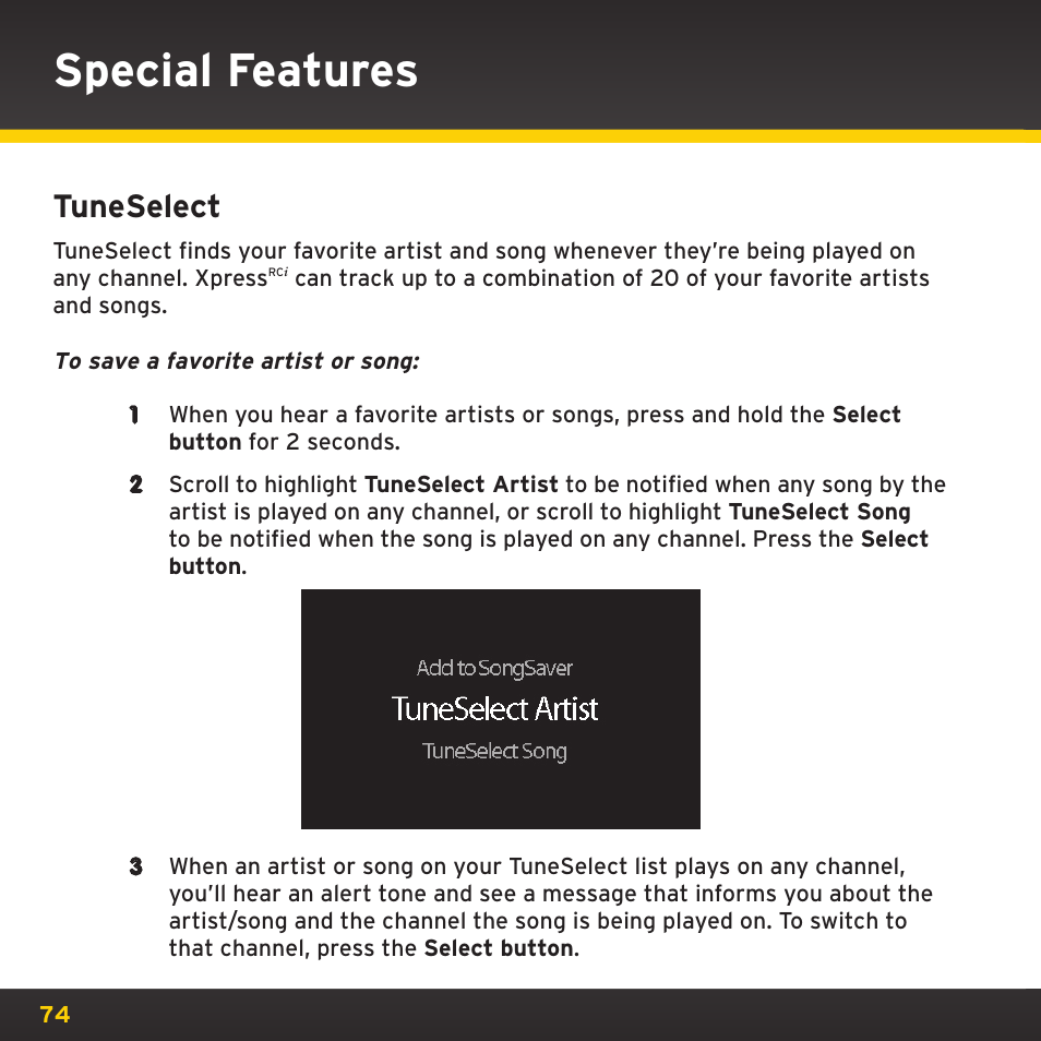 Special features, Tuneselect | SIRIUS XDRC2UG User Manual | Page 74 / 124