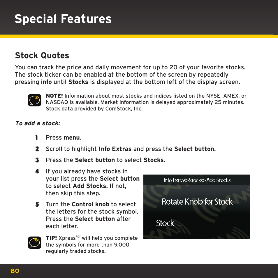 Special features, Stock quotes | SIRIUS XDRC2UG User Manual | Page 80 / 124