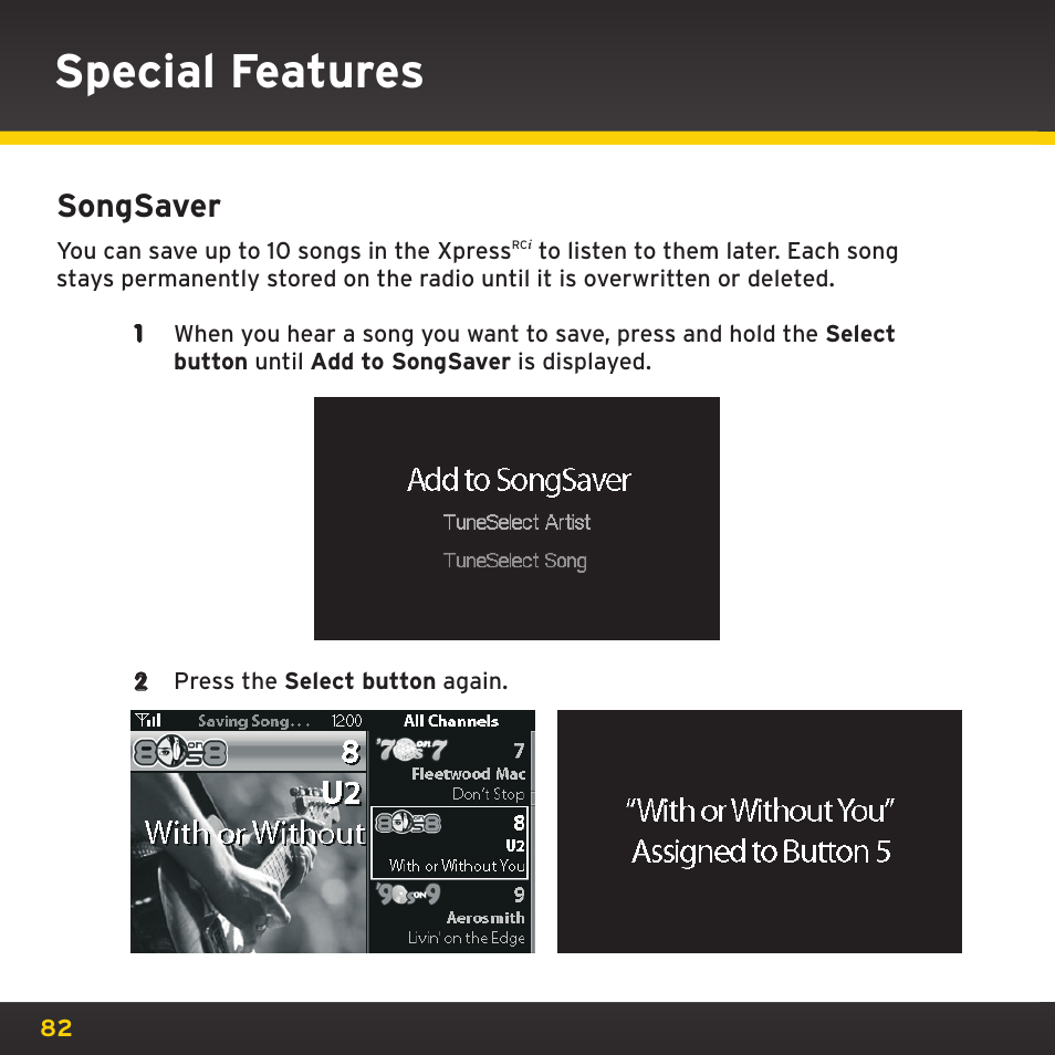 Special features, Songsaver | SIRIUS XDRC2UG User Manual | Page 82 / 124