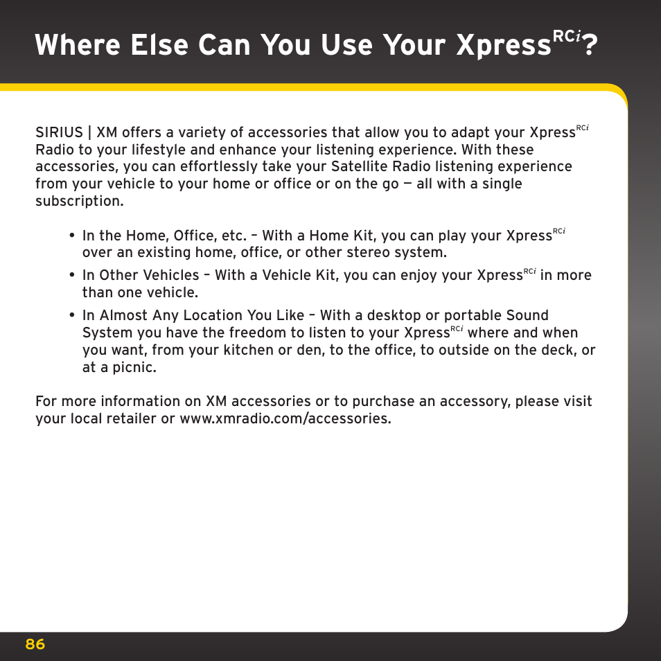 Where else can you use your xpress, Rc i | SIRIUS XDRC2UG User Manual | Page 86 / 124