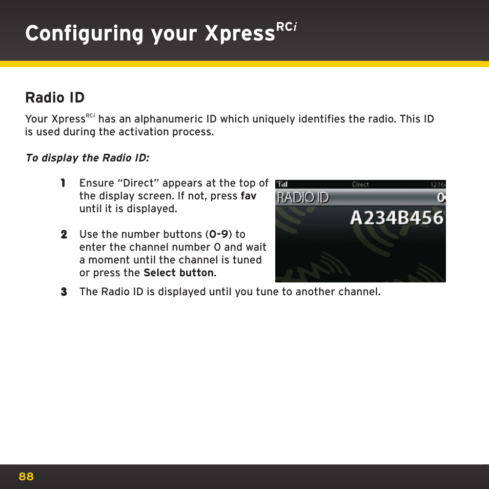 Configuring your xpress, Radio id | SIRIUS XDRC2UG User Manual | Page 88 / 124