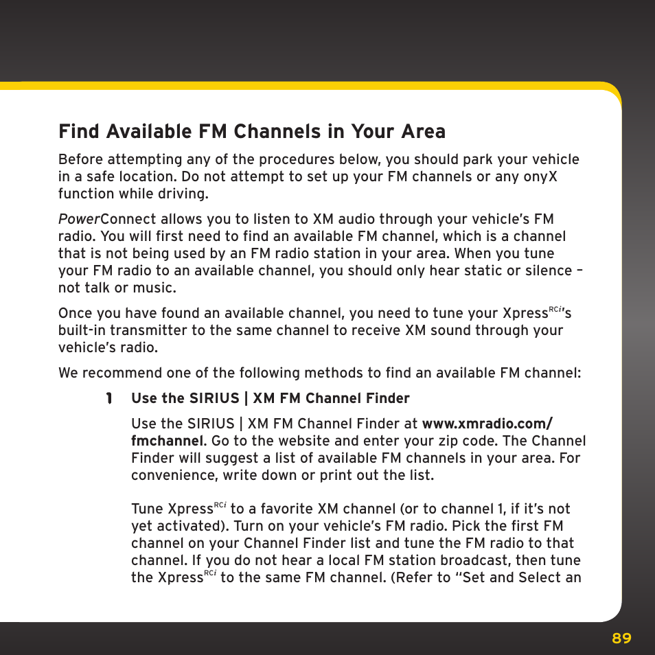 Find available fm channels in your area | SIRIUS XDRC2UG User Manual | Page 89 / 124