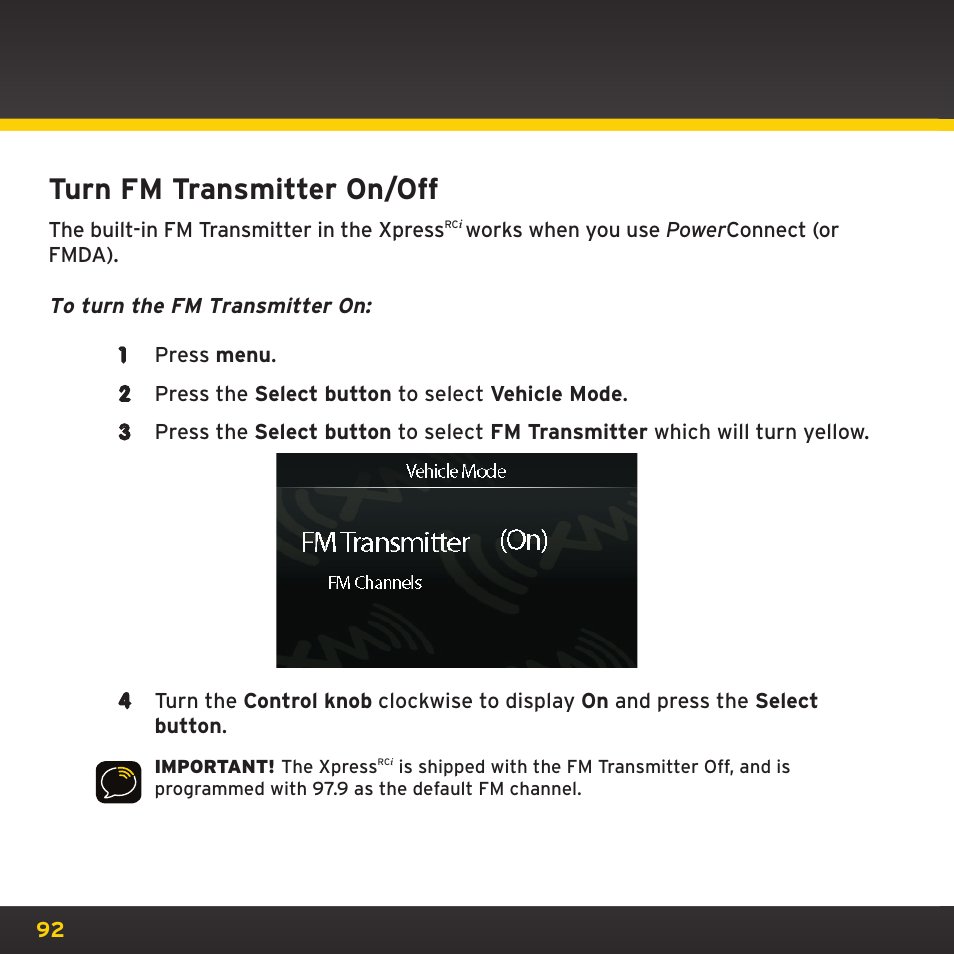 Turn fm transmitter on/off | SIRIUS XDRC2UG User Manual | Page 92 / 124