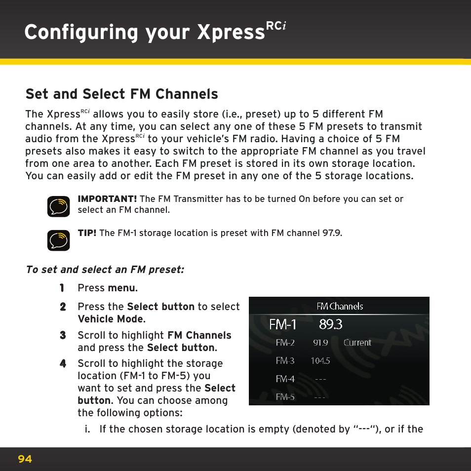Configuring your xpress, Set and select fm channels | SIRIUS XDRC2UG User Manual | Page 94 / 124