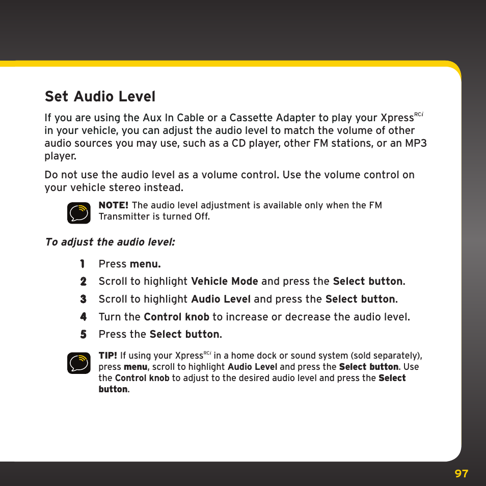 Configuring your xpress, Set audio level, Rc i | SIRIUS XDRC2UG User Manual | Page 97 / 124