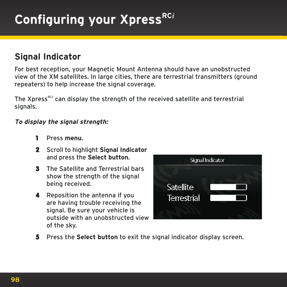 Configuring your xpress, Signal indicator | SIRIUS XDRC2UG User Manual | Page 98 / 124