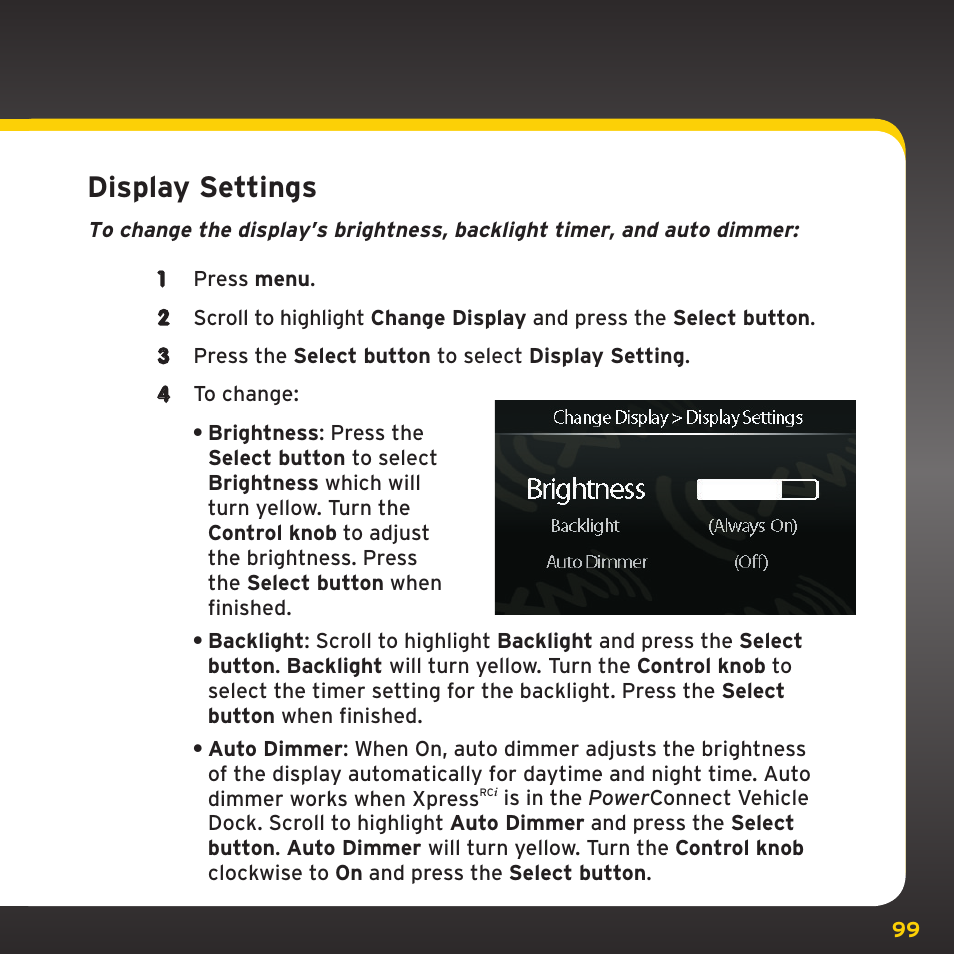 Configuring your xpress, Display settings | SIRIUS XDRC2UG User Manual | Page 99 / 124