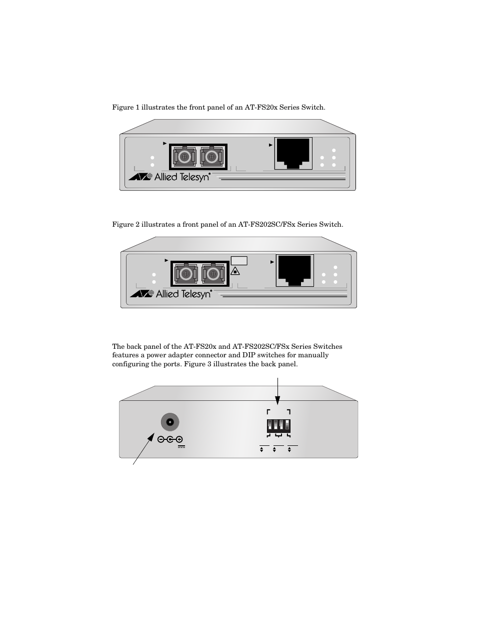 At-fs202, At-fs202sc/fs4, Description 2 | 12 v d c, Dip switches power adapter connector | Allied Telesis AT-FS202SC/FS4 User Manual | Page 12 / 42