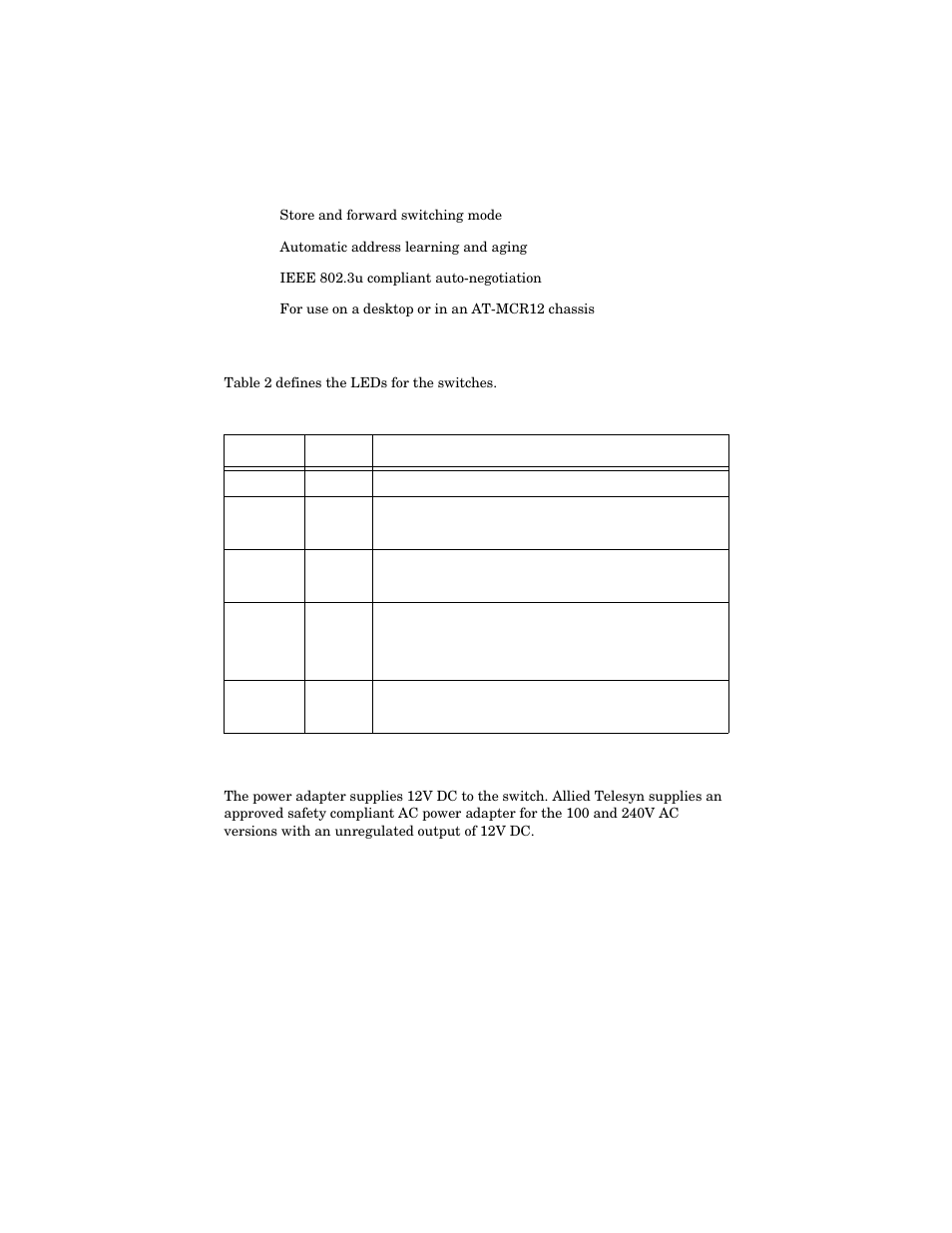 Status leds, External ac/dc power adapter, Status leds external ac/dc power adapter | Allied Telesis AT-FS202SC/FS4 User Manual | Page 14 / 42
