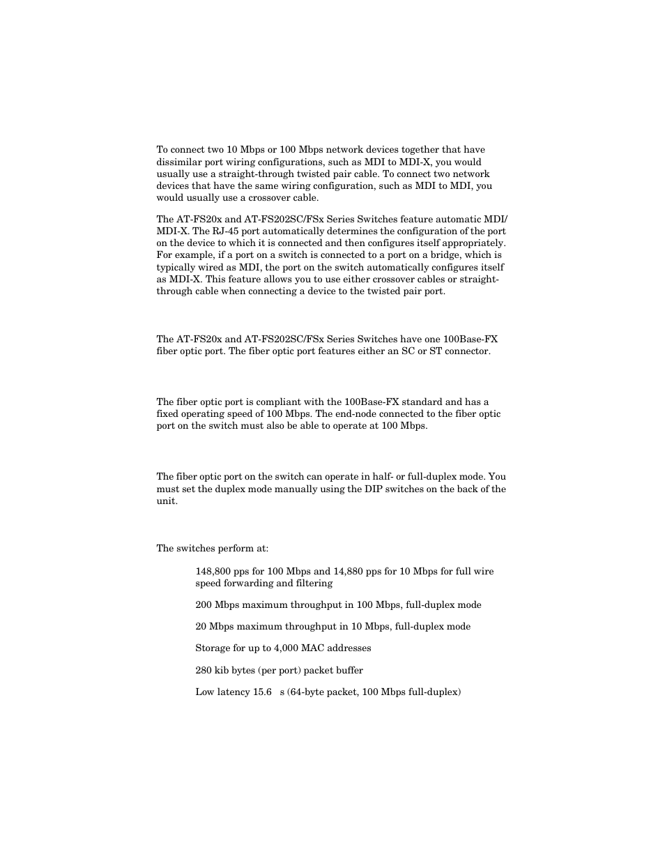 Fiber optic port, Port speed, Duplex mode | Switch performance, Port speed duplex mode | Allied Telesis AT-FS202SC/FS4 User Manual | Page 16 / 42