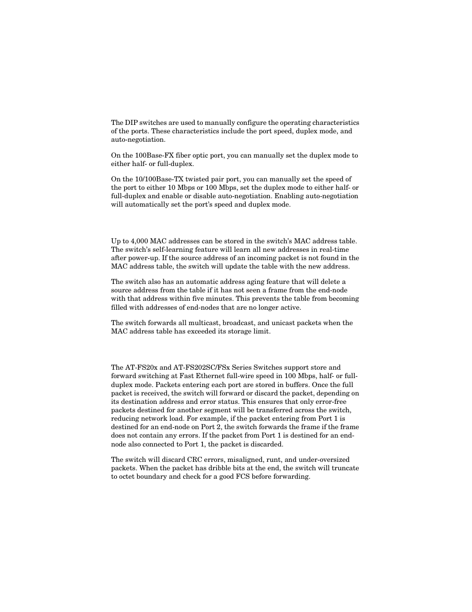 Dip switches, Mac address table, Store and forward | Dip switches mac address table store and forward | Allied Telesis AT-FS202SC/FS4 User Manual | Page 17 / 42