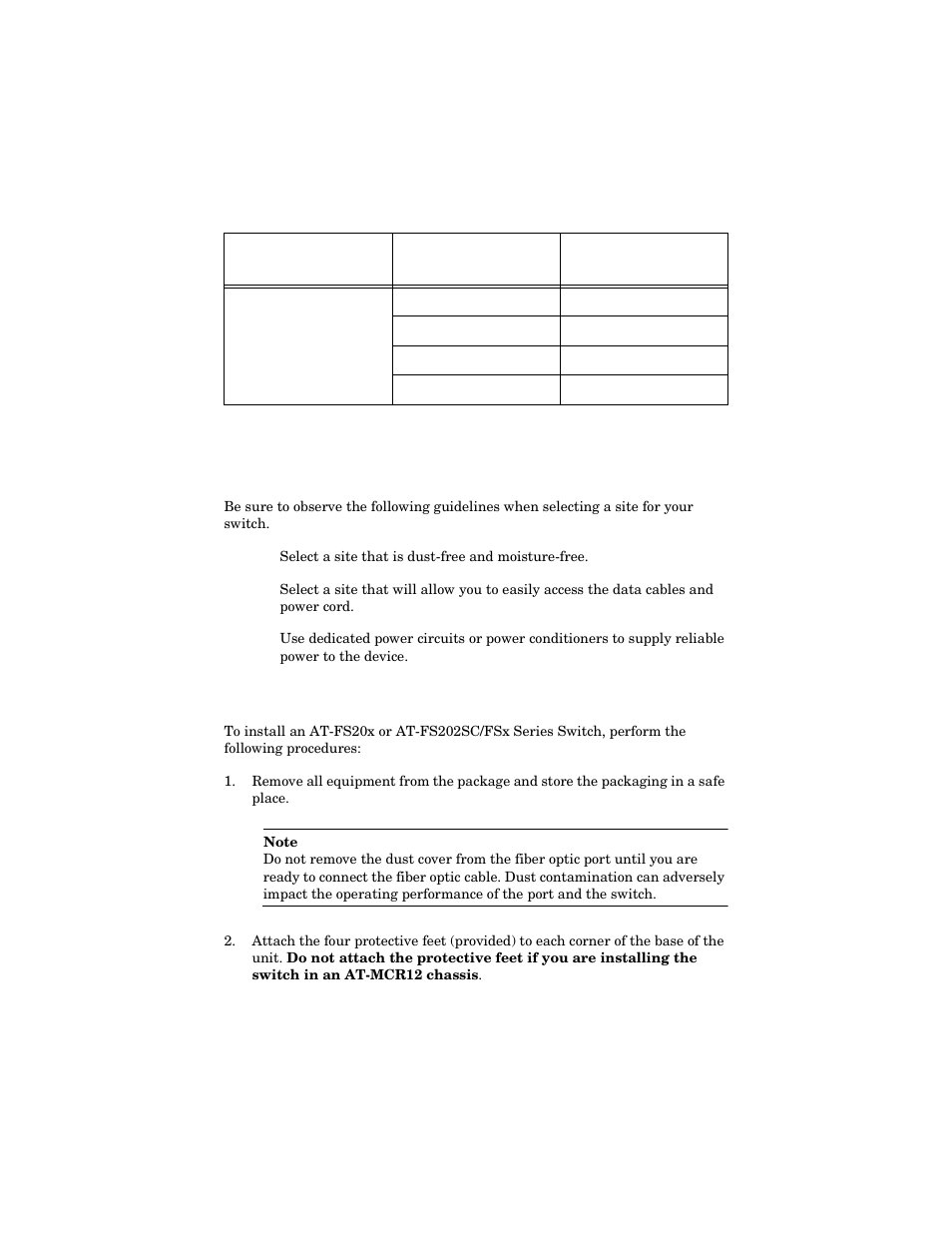 Selecting a site, Installing the switch | Allied Telesis AT-FS202SC/FS4 User Manual | Page 22 / 42
