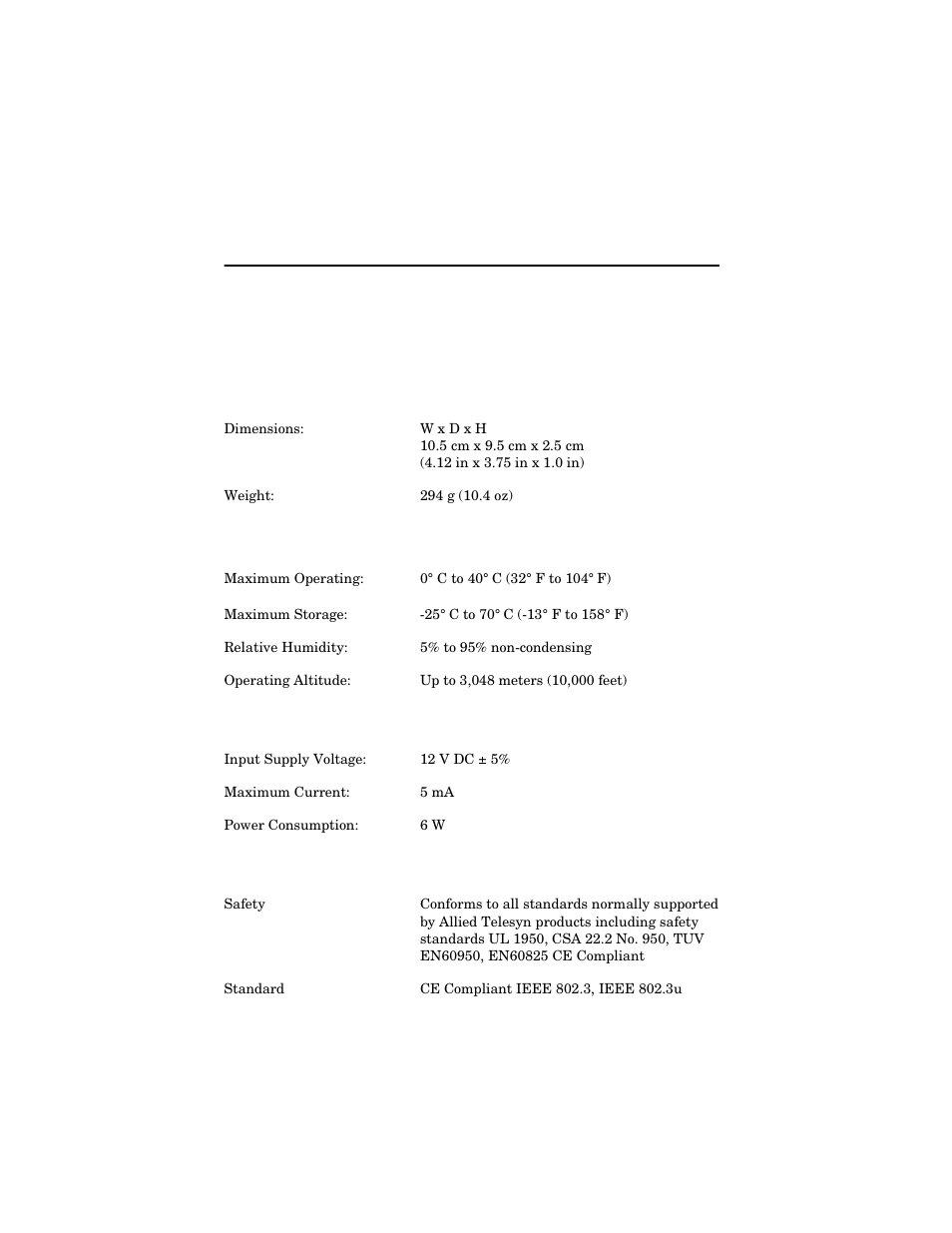 Appendix a, Technical specifications, Physical | Temperature, Electrical rating, Agency certifications | Allied Telesis AT-FS202SC/FS4 User Manual | Page 27 / 42