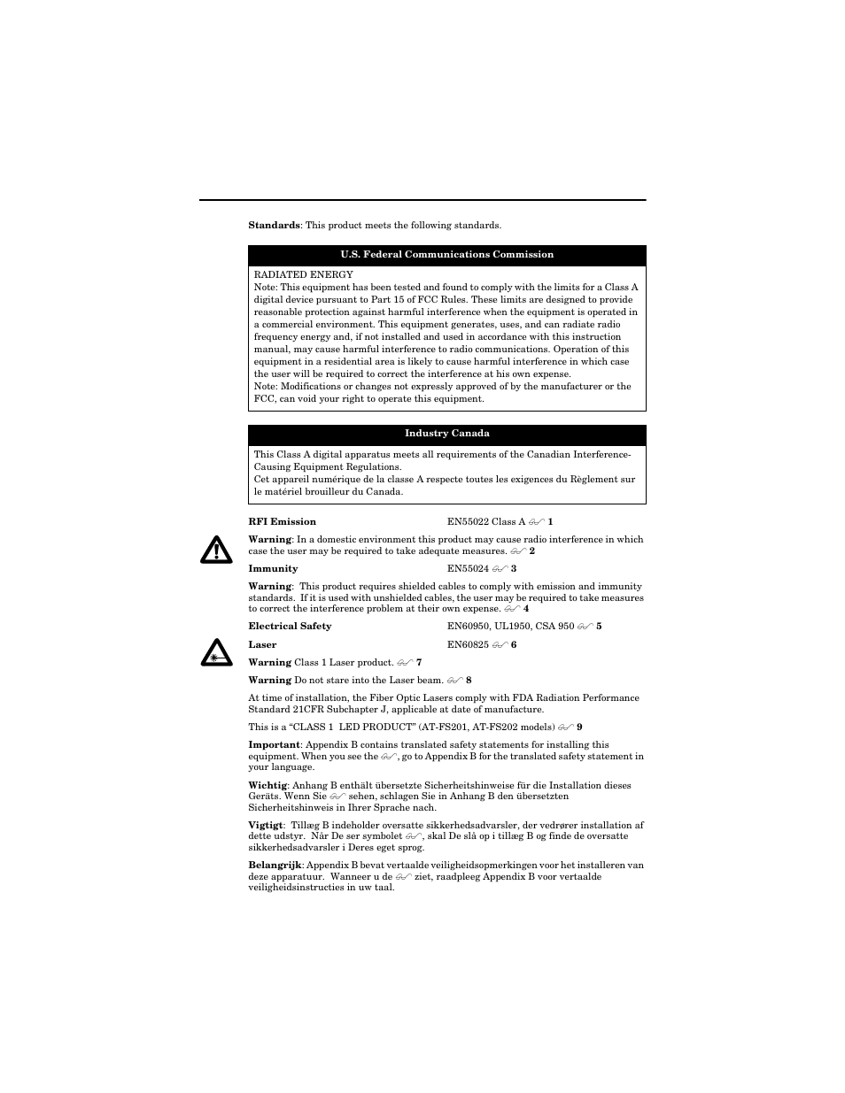 Safety warnings | Allied Telesis AT-FS202SC/FS4 User Manual | Page 3 / 42