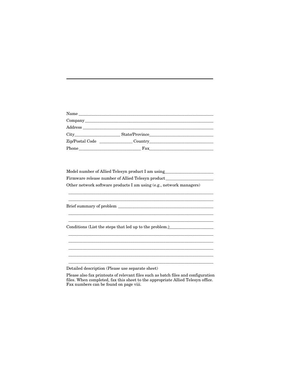 Appendix c, Technical support fax order, Incident summary | Allied Telesis AT-FS202SC/FS4 User Manual | Page 41 / 42