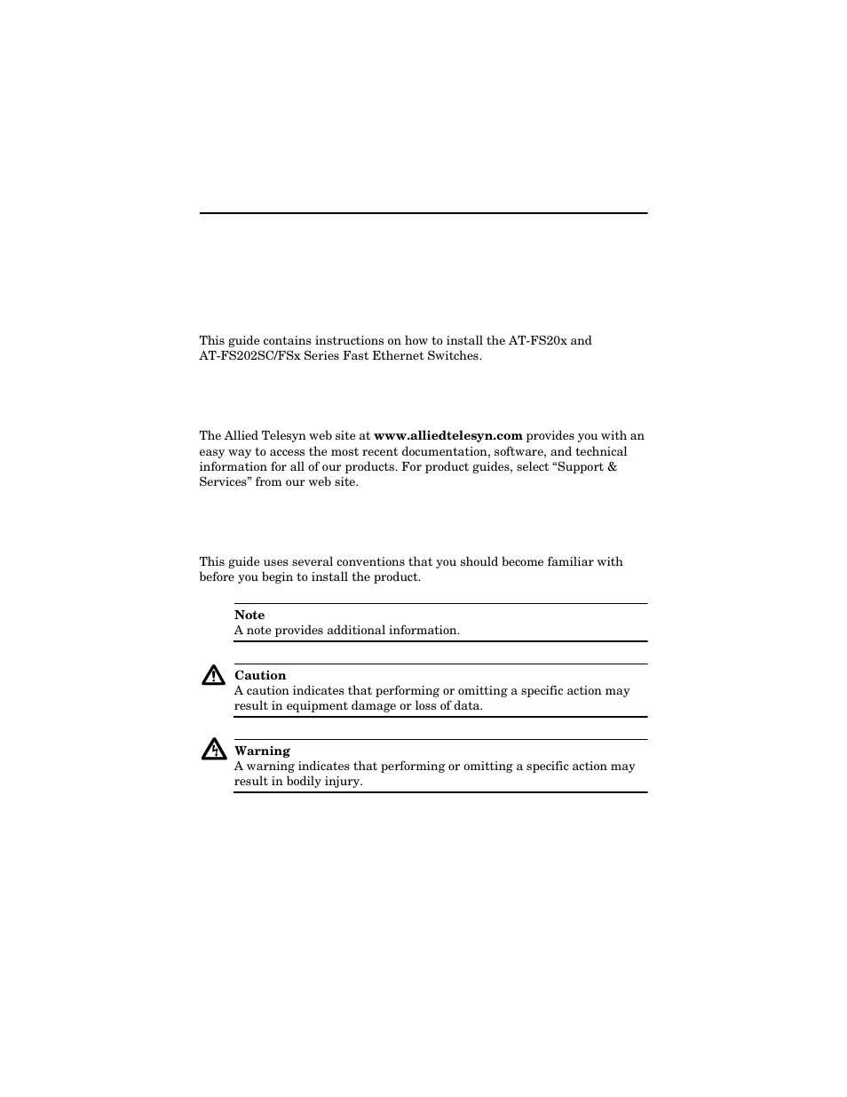 Welcome to allied telesyn, Where to find web-based guides, Document conventions | Allied Telesis AT-FS202SC/FS4 User Manual | Page 7 / 42