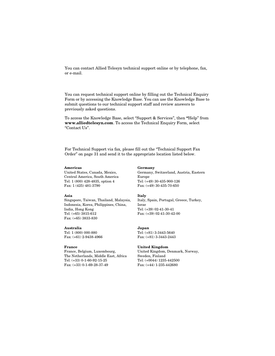 Contacting allied telesyn technical support, Online support, Telephone and fax support | Allied Telesis AT-FS202SC/FS4 User Manual | Page 8 / 42