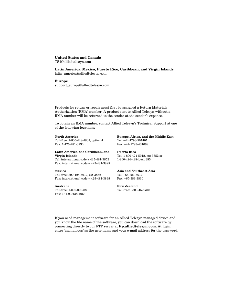Technical support e-mail addresses, Returning products, Ftp server | Allied Telesis AT-FS202SC/FS4 User Manual | Page 9 / 42