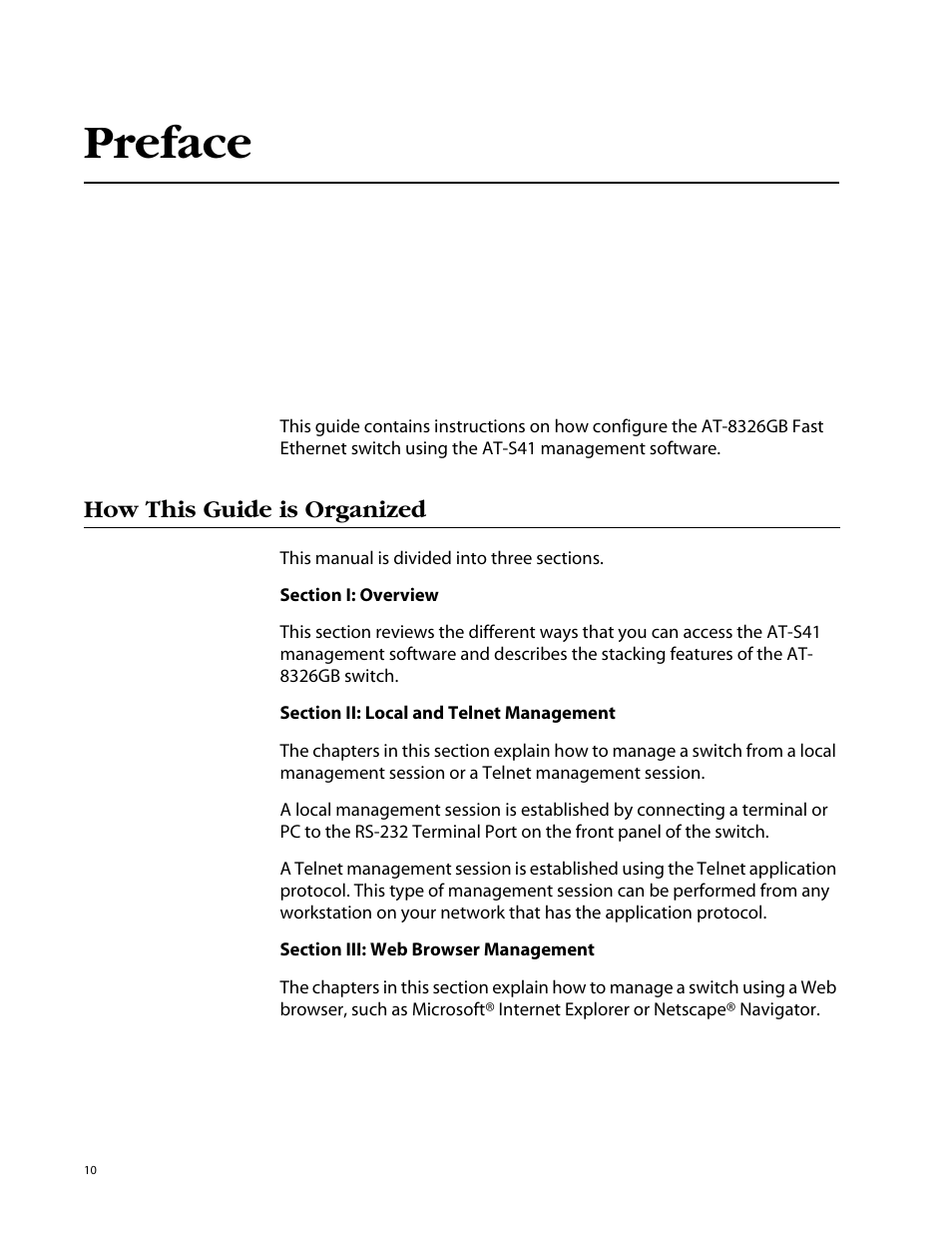 Preface, How this guide is organized | Allied Telesis AT-S41 User Manual | Page 10 / 236