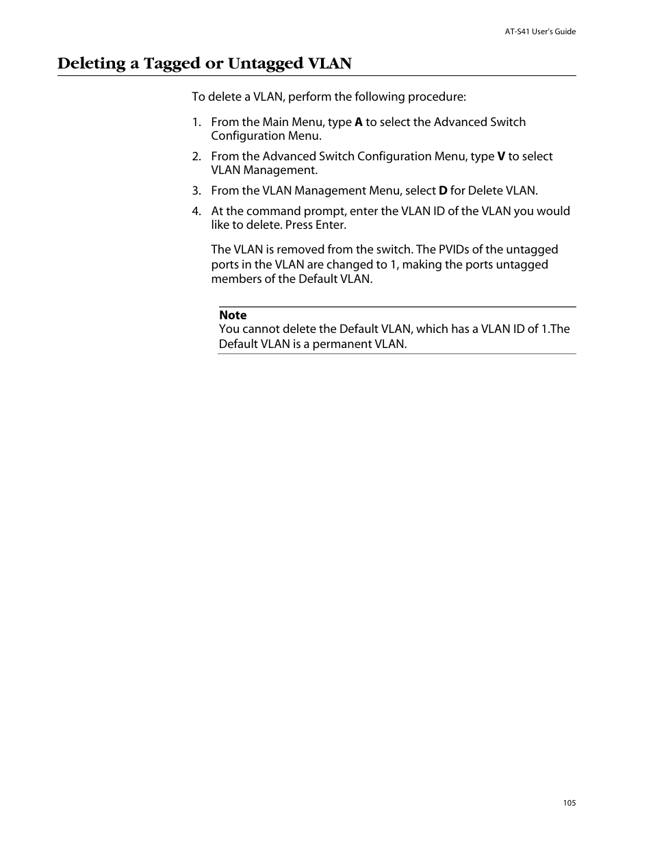 Deleting a tagged or untagged vlan | Allied Telesis AT-S41 User Manual | Page 105 / 236