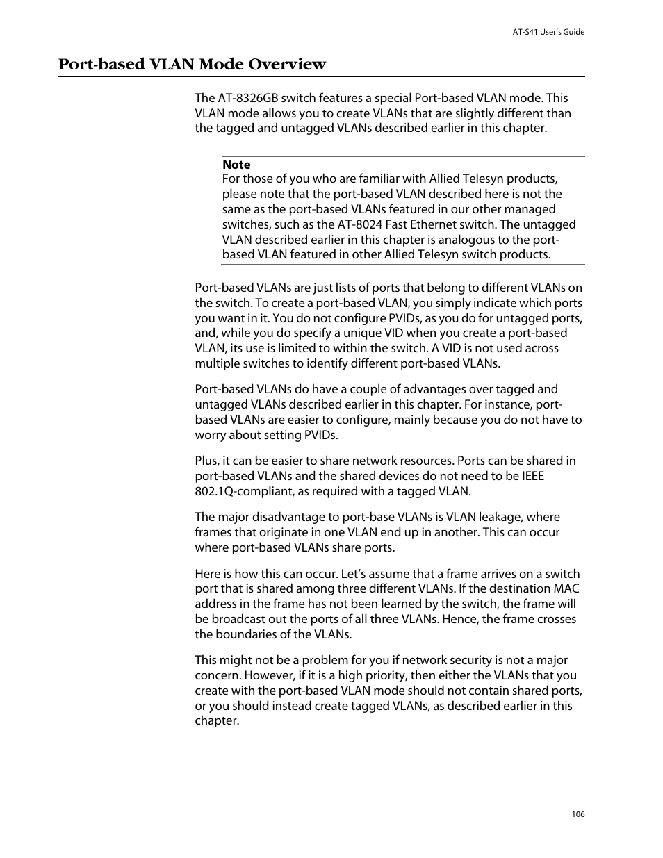Port-based vlan mode overview | Allied Telesis AT-S41 User Manual | Page 106 / 236