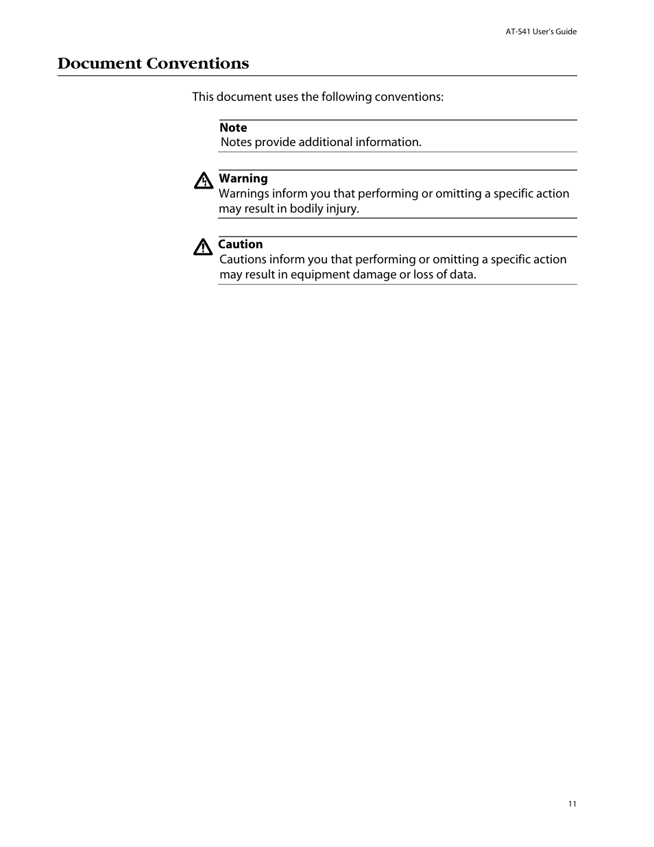 Document conventions | Allied Telesis AT-S41 User Manual | Page 11 / 236