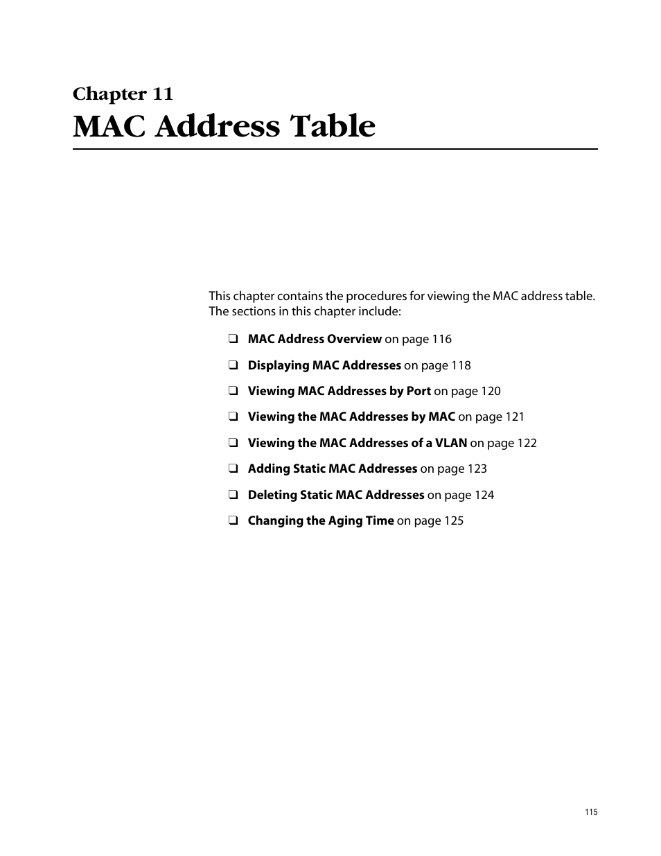 Chapter 11, Mac address table | Allied Telesis AT-S41 User Manual | Page 115 / 236