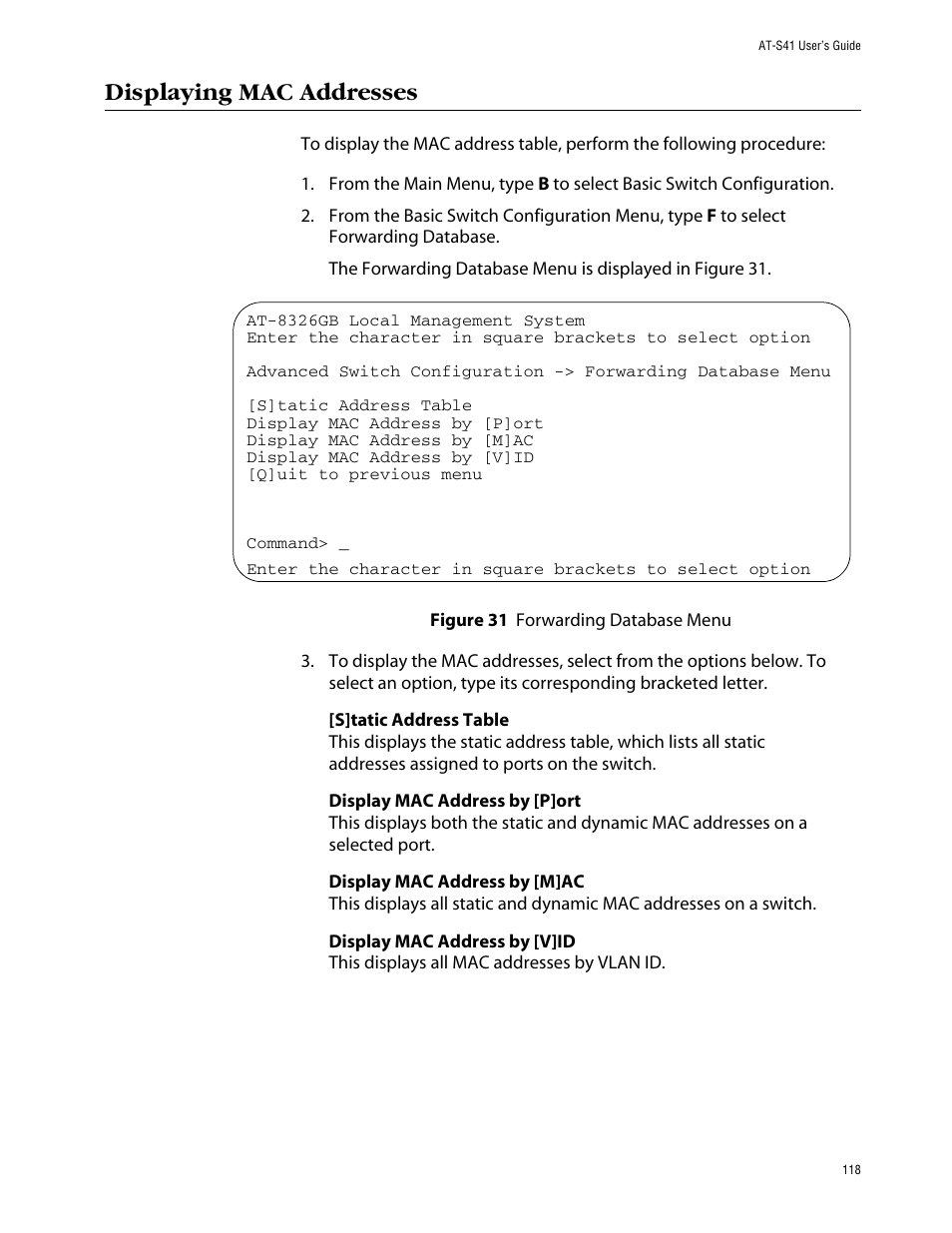 Displaying mac addresses | Allied Telesis AT-S41 User Manual | Page 118 / 236