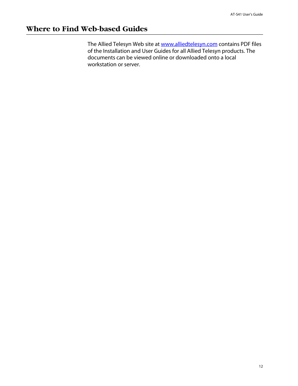 Where to find web-based guides | Allied Telesis AT-S41 User Manual | Page 12 / 236