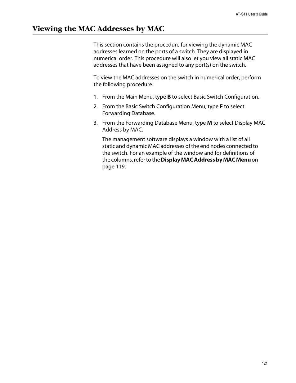 Viewing the mac addresses by mac | Allied Telesis AT-S41 User Manual | Page 121 / 236