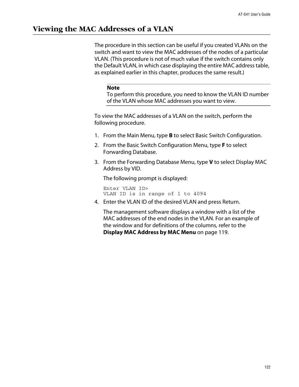 Viewing the mac addresses of a vlan | Allied Telesis AT-S41 User Manual | Page 122 / 236