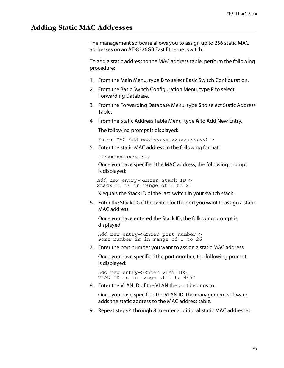 Adding static mac addresses | Allied Telesis AT-S41 User Manual | Page 123 / 236