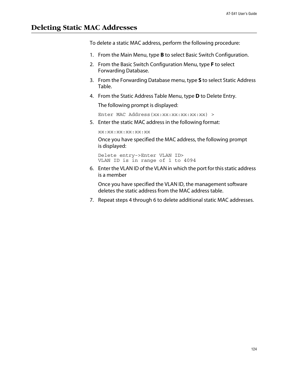 Deleting static mac addresses | Allied Telesis AT-S41 User Manual | Page 124 / 236