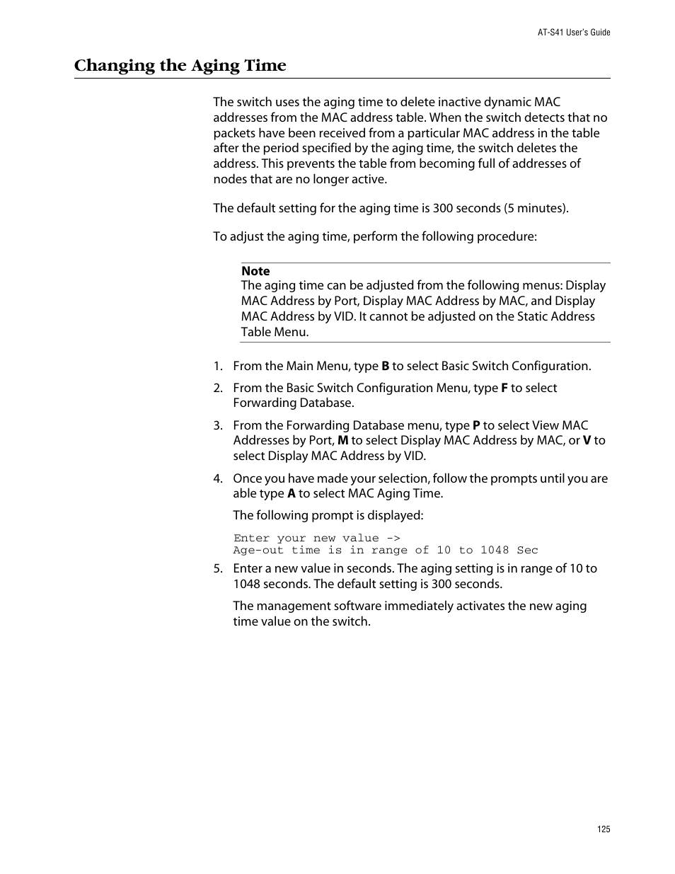 Changing the aging time | Allied Telesis AT-S41 User Manual | Page 125 / 236
