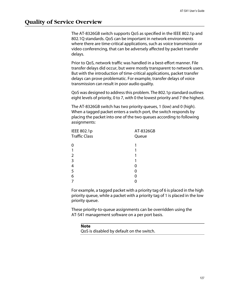 Quality of service overview | Allied Telesis AT-S41 User Manual | Page 127 / 236