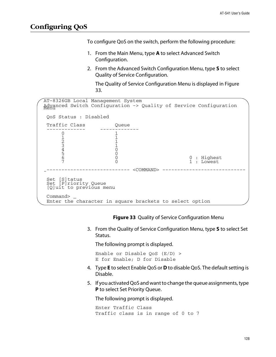 Configuring qos | Allied Telesis AT-S41 User Manual | Page 128 / 236