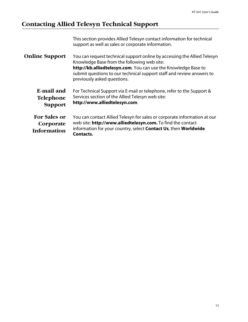 Contacting allied telesyn technical support, Online support, E-mail and telephone support | For sales or corporate information | Allied Telesis AT-S41 User Manual | Page 13 / 236