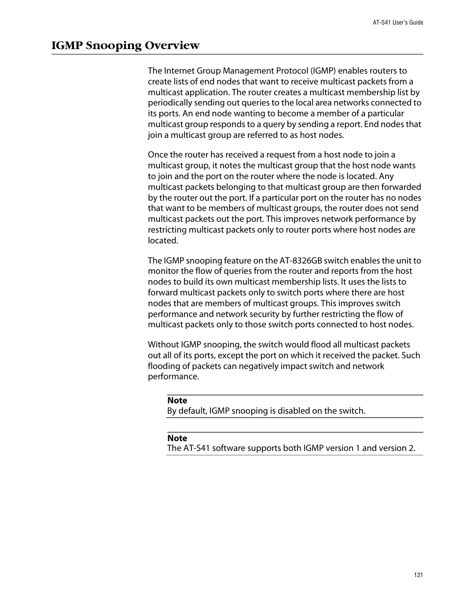 Igmp snooping overview | Allied Telesis AT-S41 User Manual | Page 131 / 236