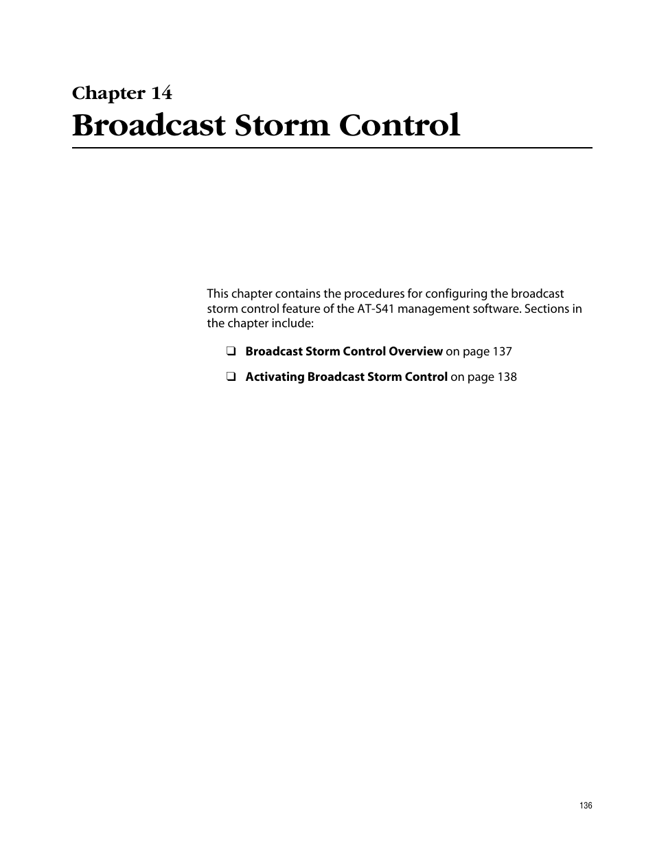 Chapter 14, Broadcast storm control | Allied Telesis AT-S41 User Manual | Page 136 / 236