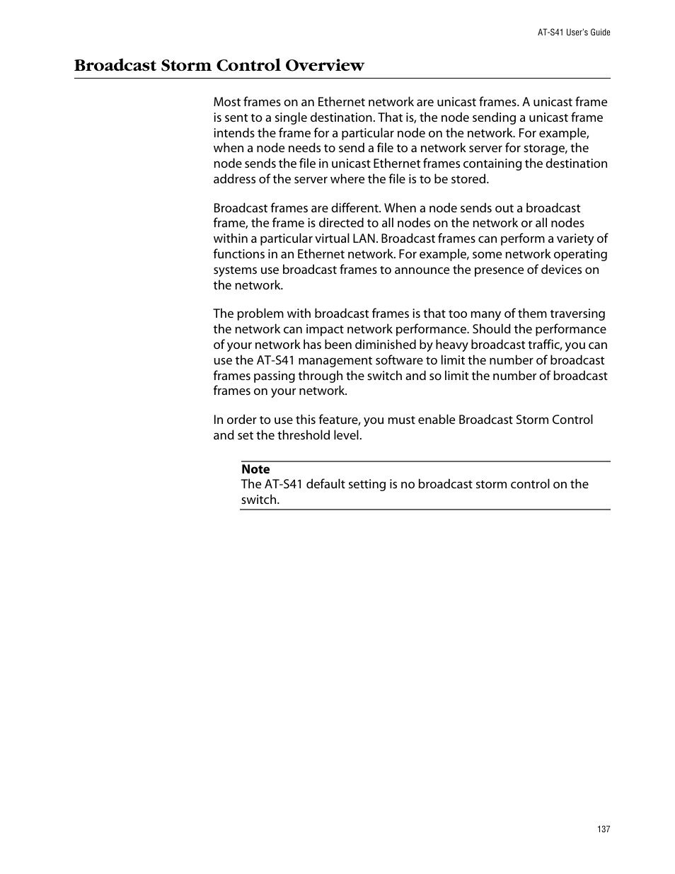 Broadcast storm control overview | Allied Telesis AT-S41 User Manual | Page 137 / 236