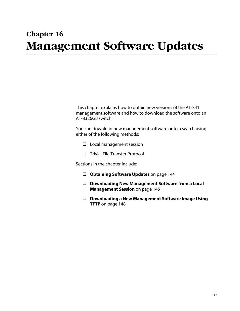 Chapter 16, Management software updates | Allied Telesis AT-S41 User Manual | Page 143 / 236