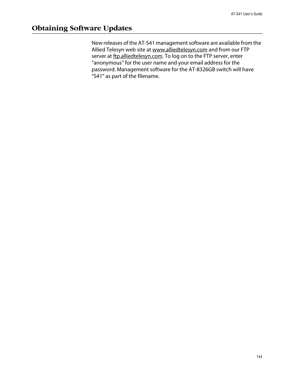 Obtaining software updates | Allied Telesis AT-S41 User Manual | Page 144 / 236