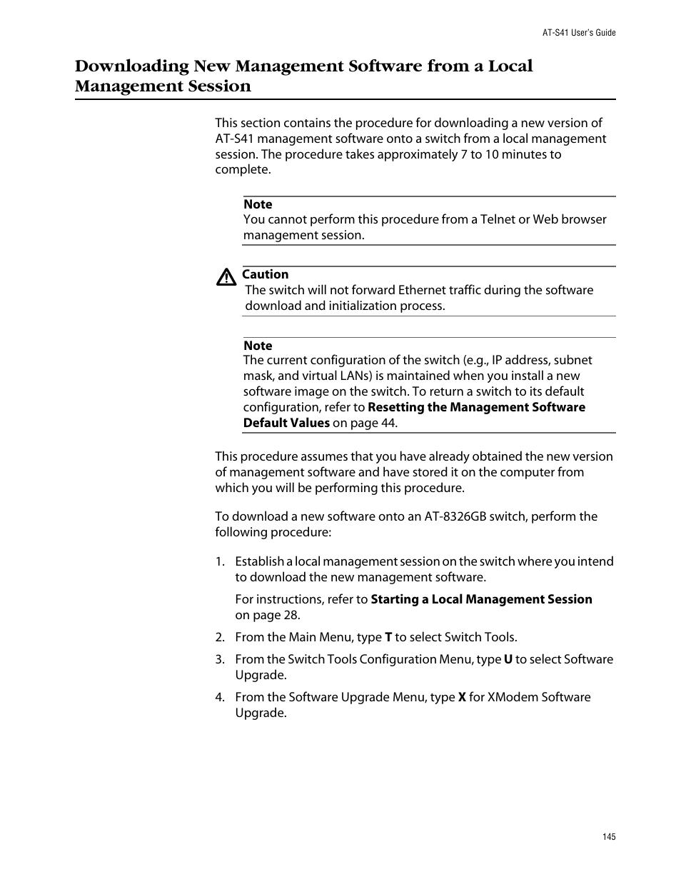 Downloading new management software from a local | Allied Telesis AT-S41 User Manual | Page 145 / 236