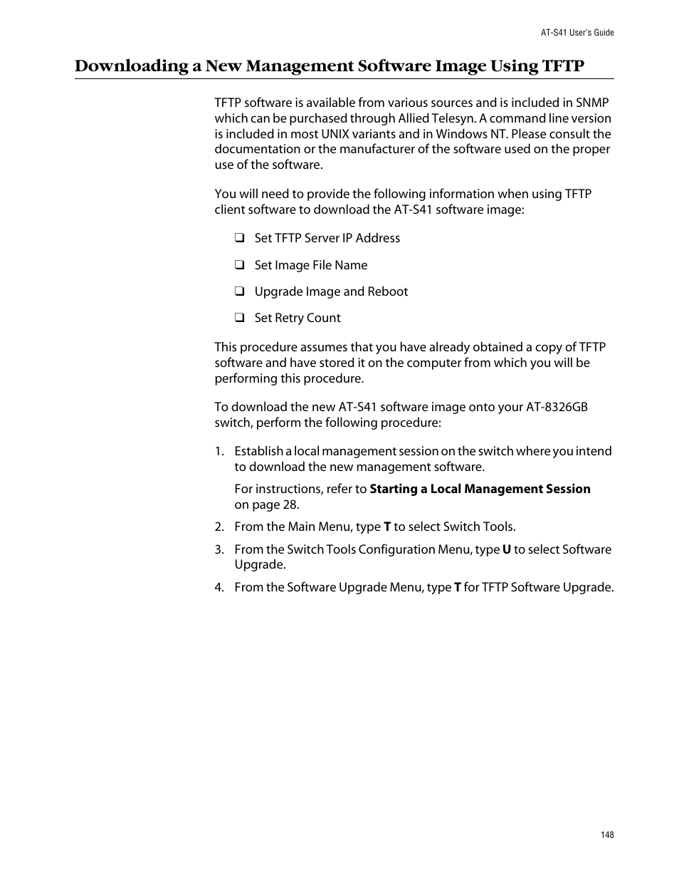 Downloading a new management software image using | Allied Telesis AT-S41 User Manual | Page 148 / 236