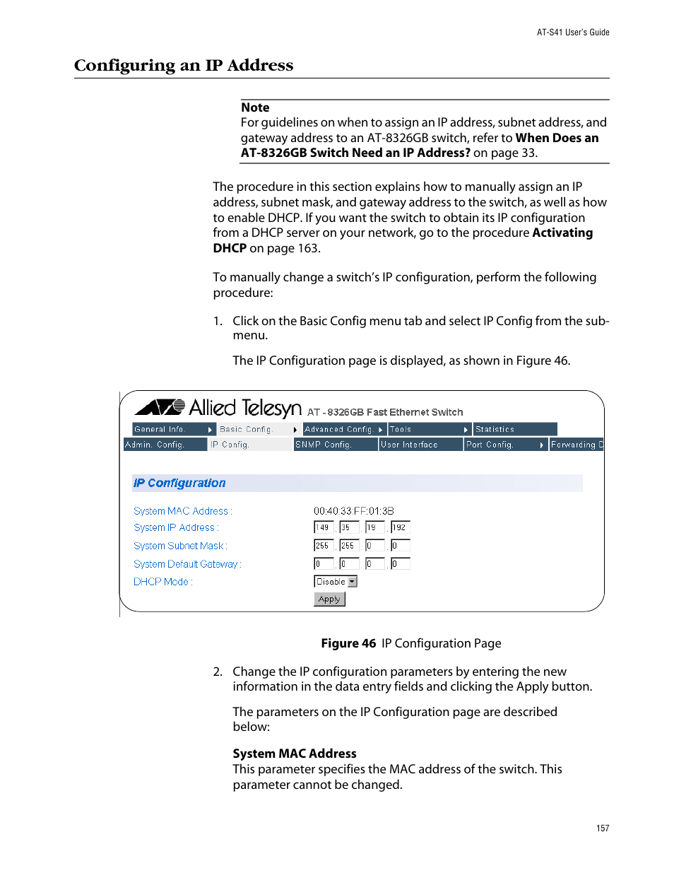 Configuring an ip address | Allied Telesis AT-S41 User Manual | Page 157 / 236