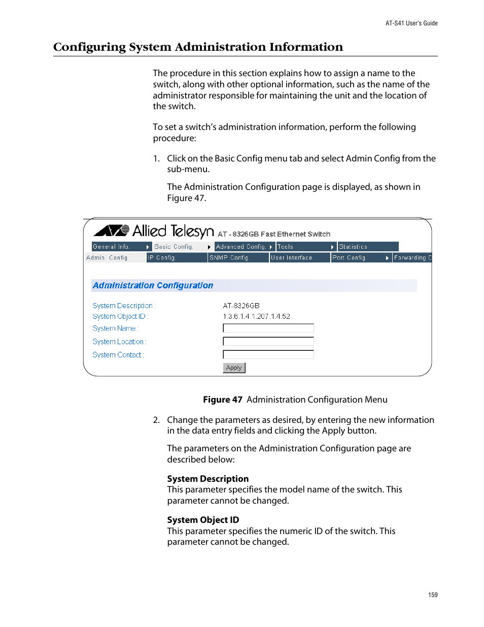 Configuring system administration information | Allied Telesis AT-S41 User Manual | Page 159 / 236